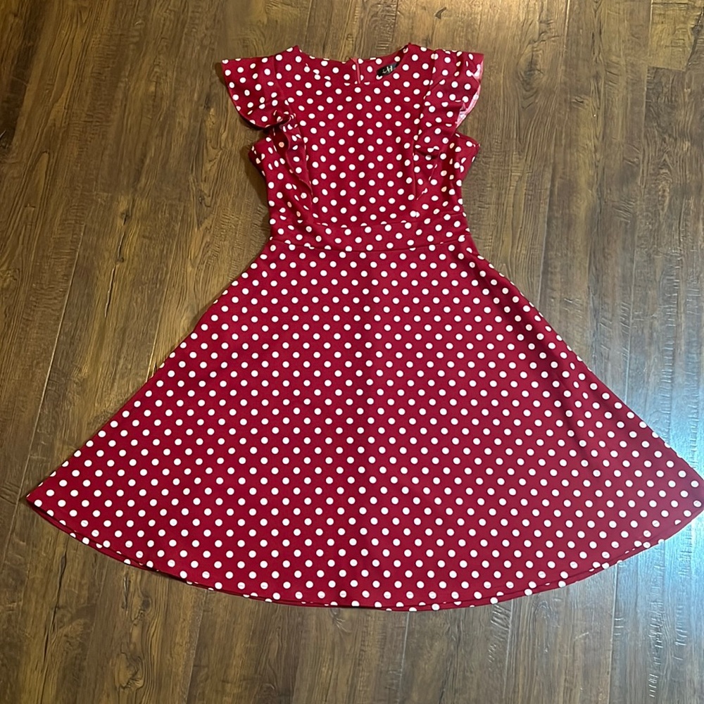 Ruffle Floral Flared Red Polka Dot Dress